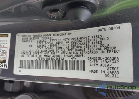 2005 Toyota 4Runner Sr5 V6 z USA, uszkodzony, nr VIN JTEZU14R650046512